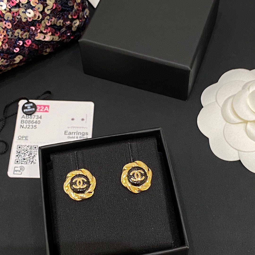 Chanel Double C Medium Stud Gold Black Earrings
