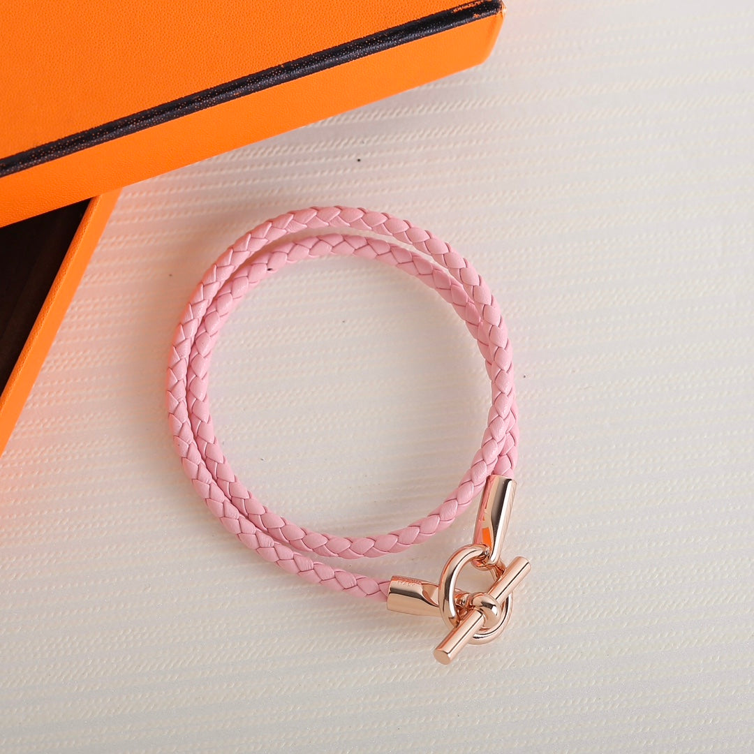 HERMES GLENAN DOUBLE TOUR PINK GOLD LEATHER BRACELET