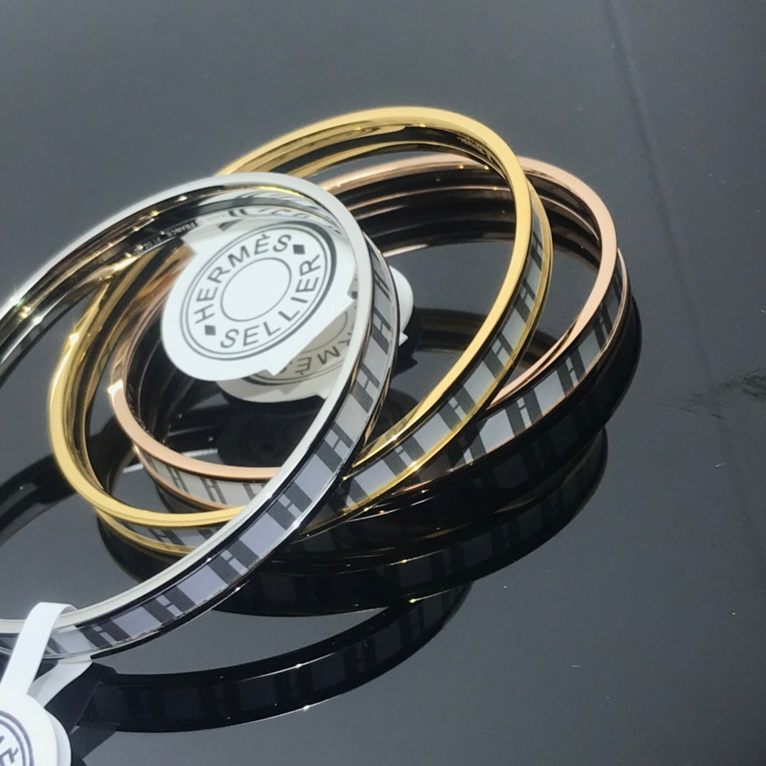 HERMES H Enamel Bangle White Gray Bracelet