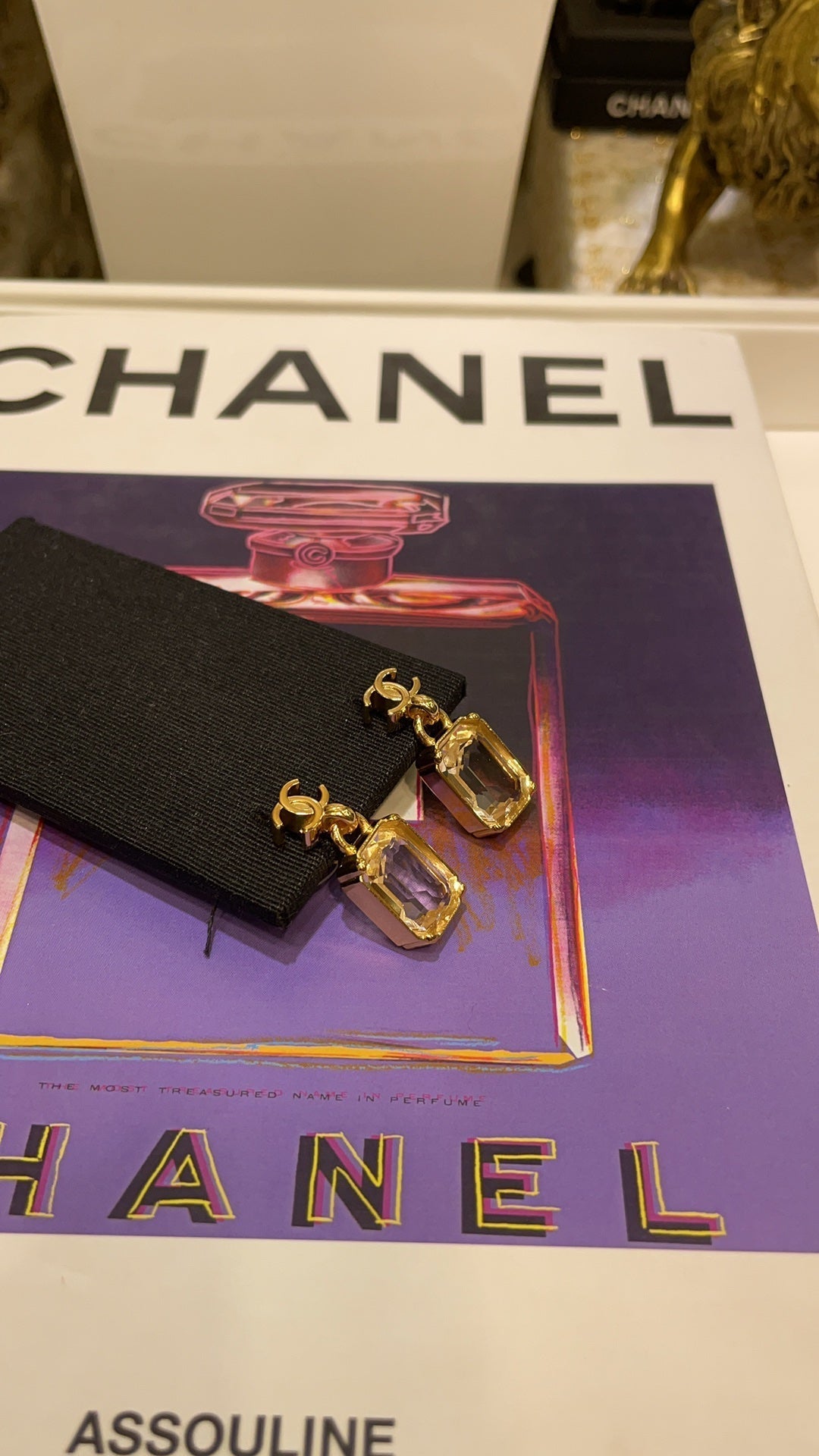 Chanel 2026 Gold Double C Transparent Rock Candy Pendant Earrings