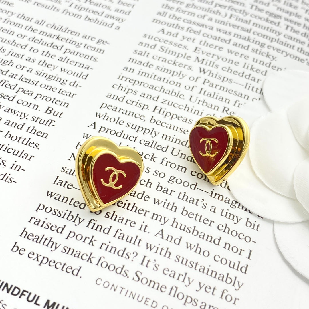 Chanel Red Enamel Gold Double C Heart Earrings