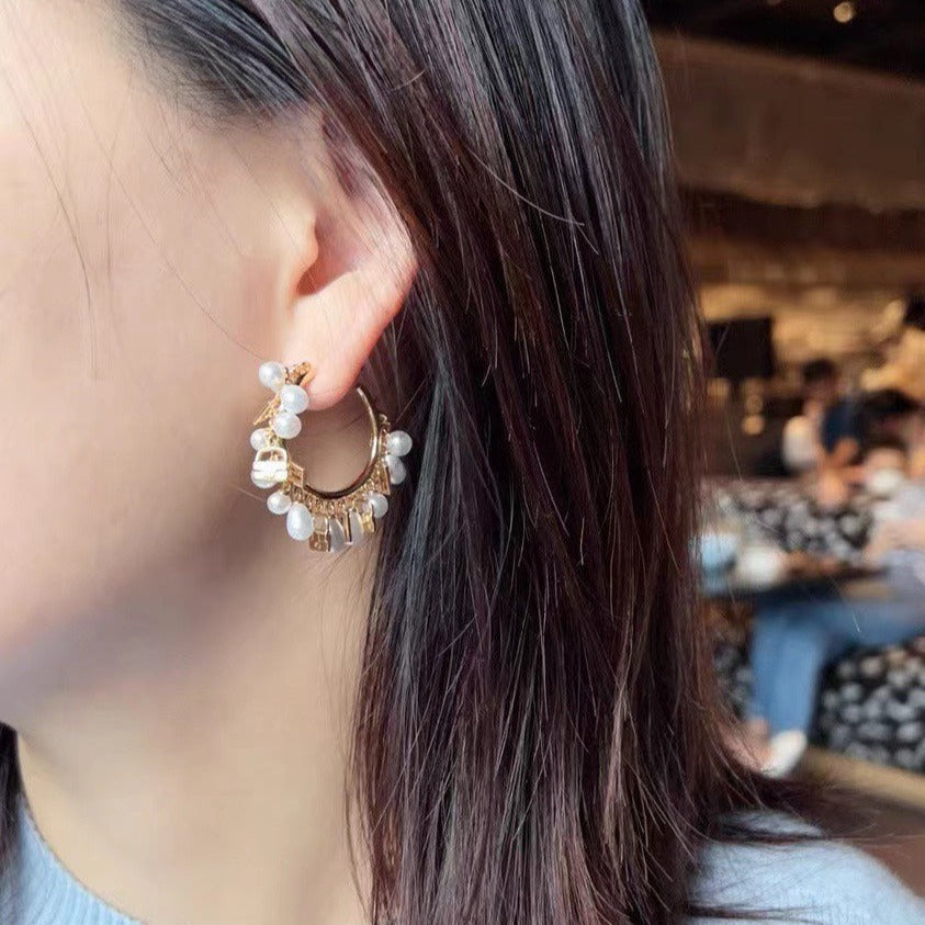 FENDI F BUCKLE PEARL GOLD EARRINGS