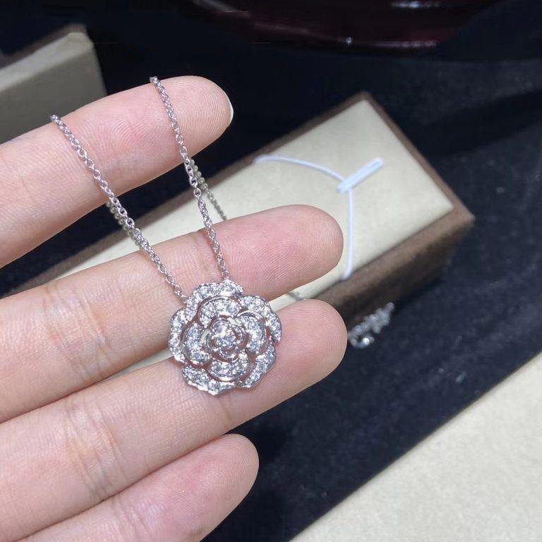 Chanel Bouton De Camelia Necklace Silver Diamond
