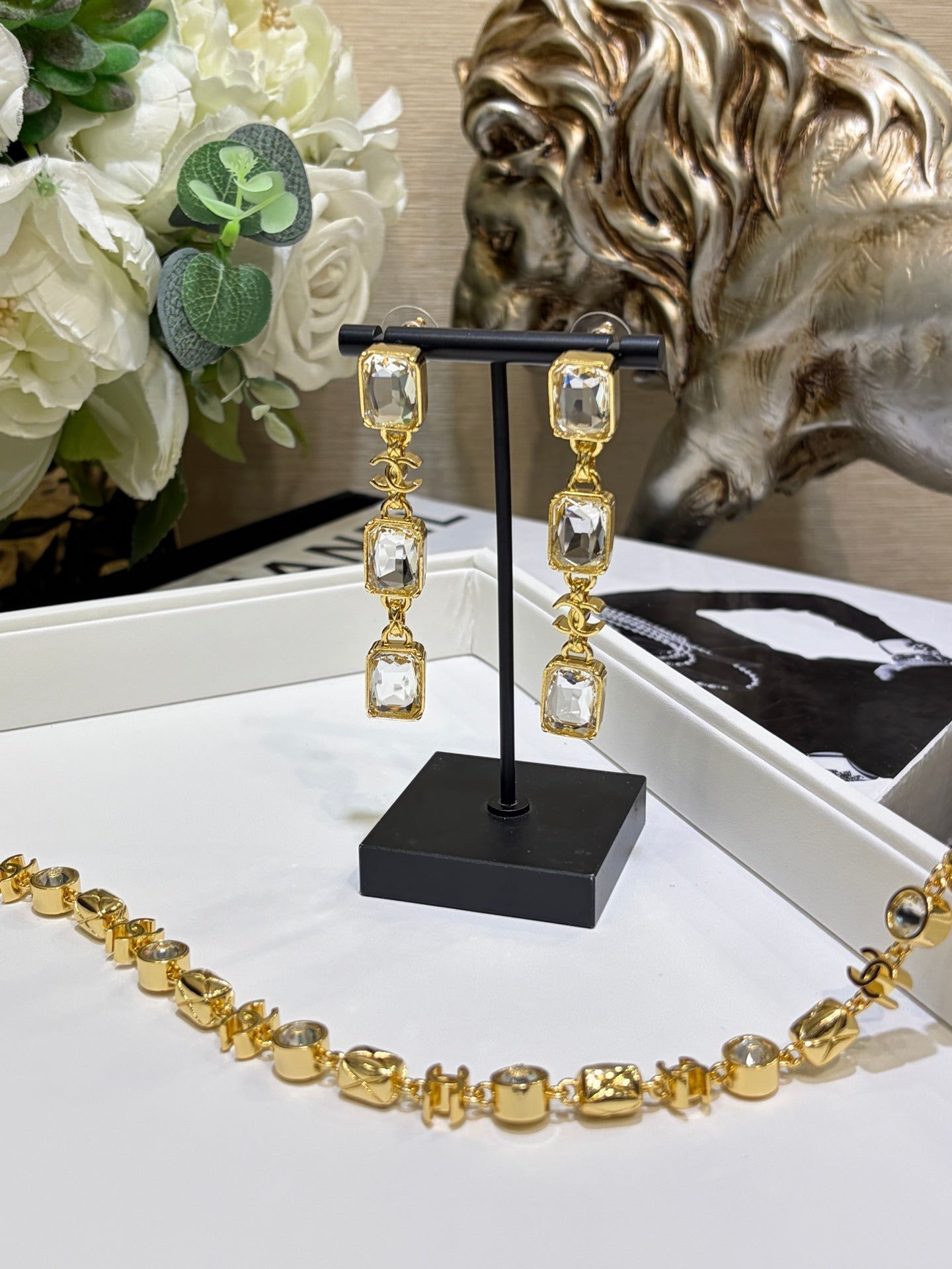 Chanel 2026 Gold Double C Transparent Rock Candy Long Stud Earrings