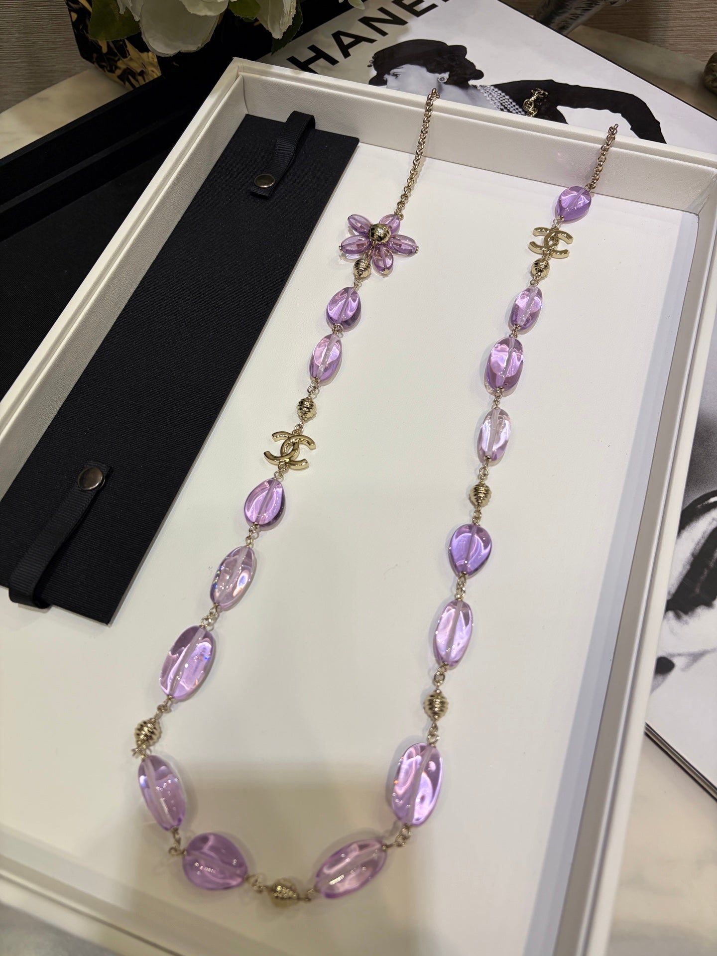 Chanel 2026 Double C Purple Floral Acrylic Beaded Necklace