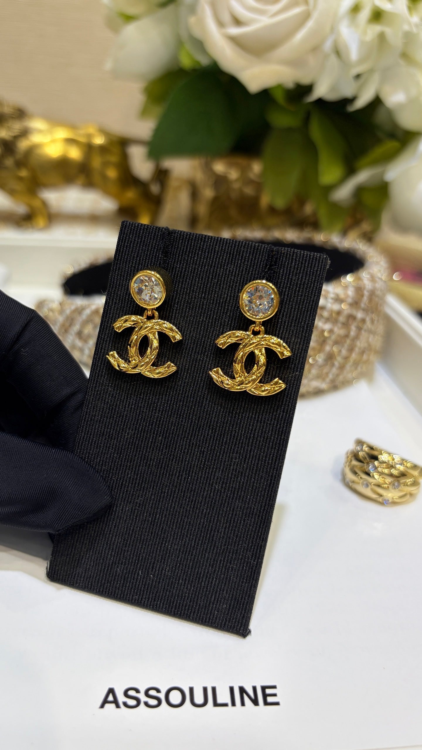 Chanel 2026 Gold Diamond Pattern Double C Crystal Stud Earrings