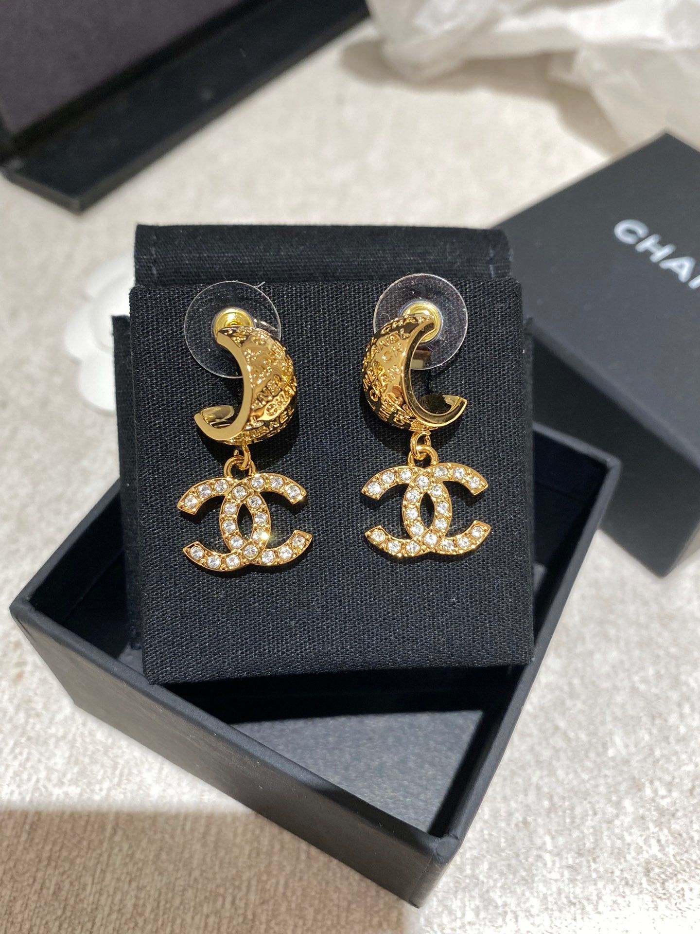 Chanel Letter Hook Gold Diamond Earrings