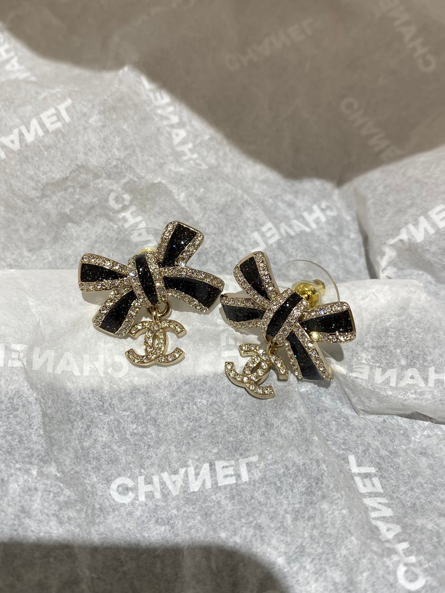 Chanel Crystals Black Enamel Bow Gold Earrings