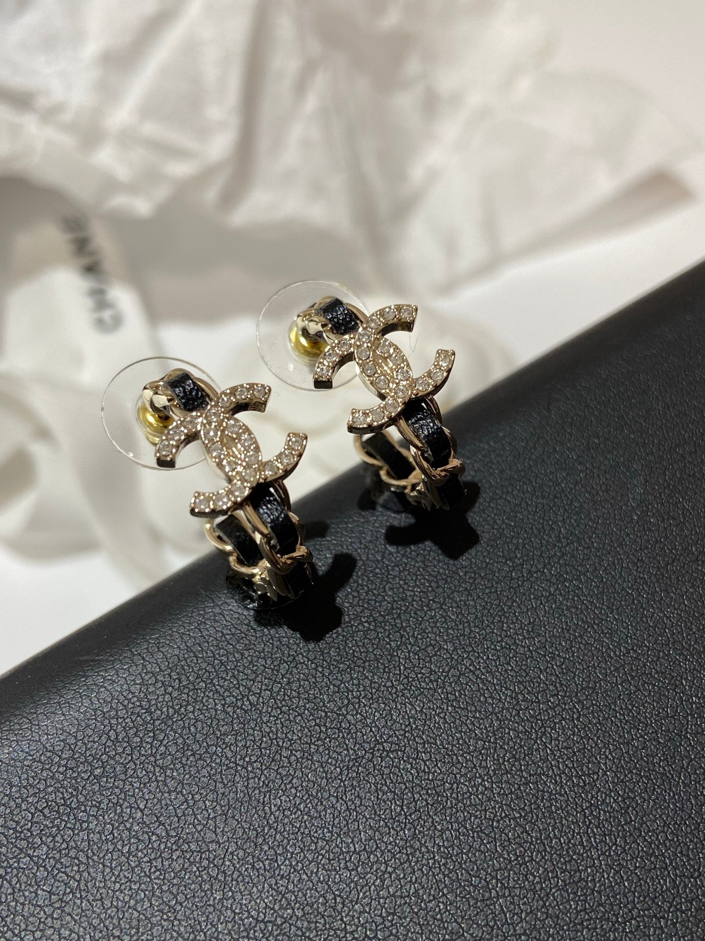 Chanel Half Circle Gold Black Leather Earrings