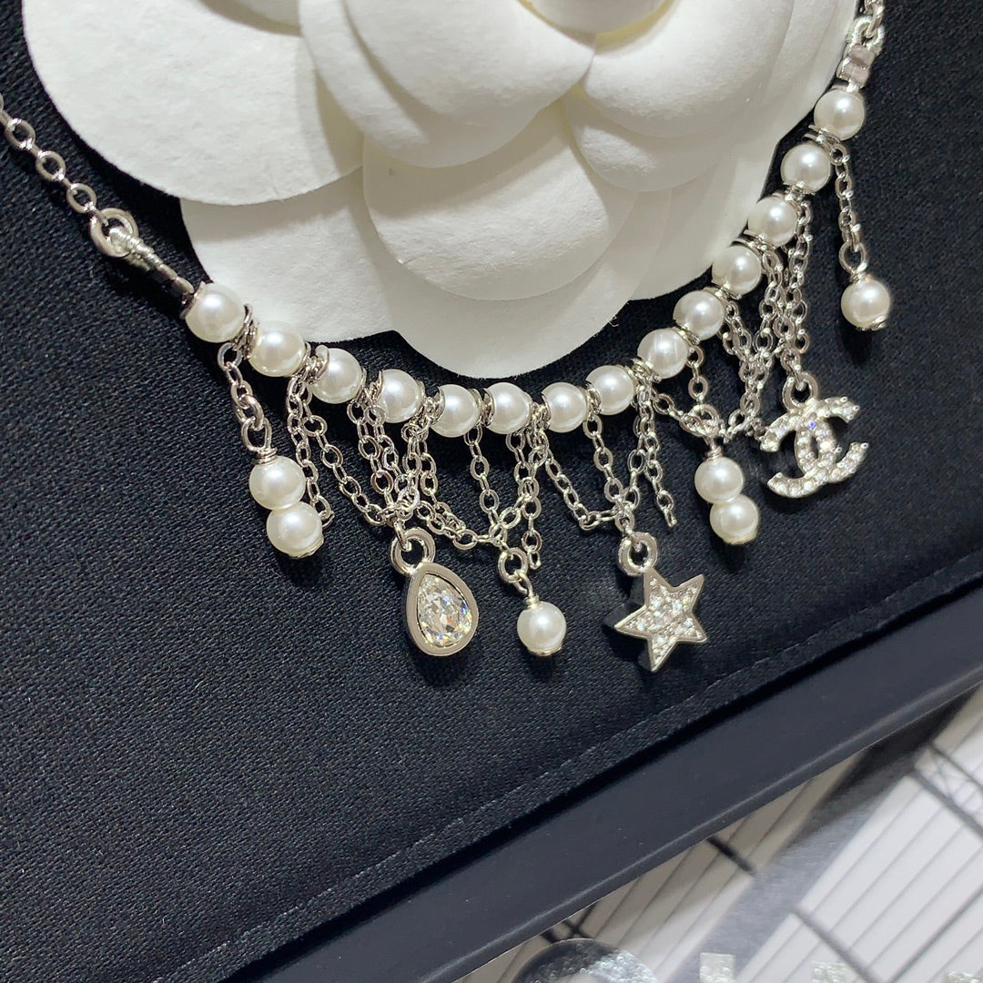 Chanel 2026 Silver Full Diamond Double C Star Teardrop Tassel Necklace