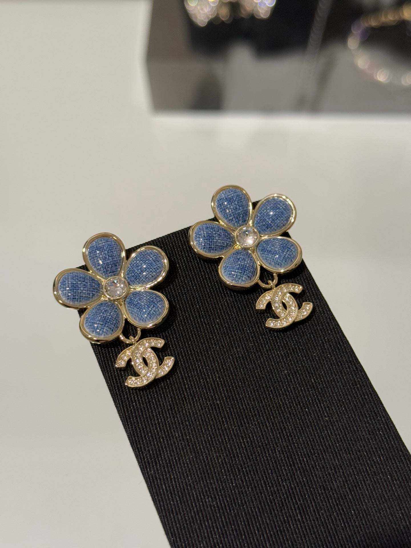 Chanel 2026 Denim Enamel Flower Crystal Light Gold Diamond Earrings