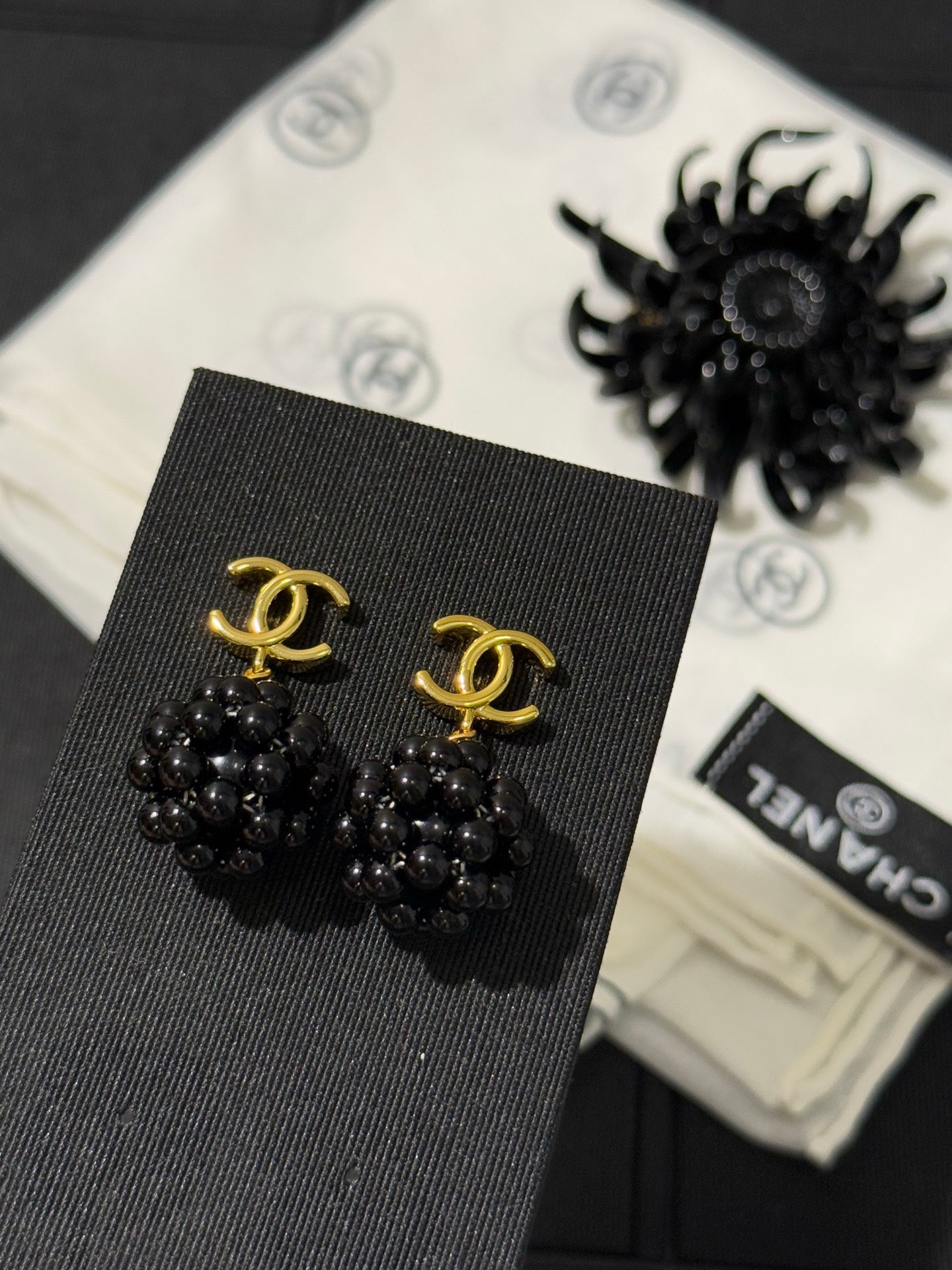 Chanel 2026 Gold Double C Small Black Ball Earrings