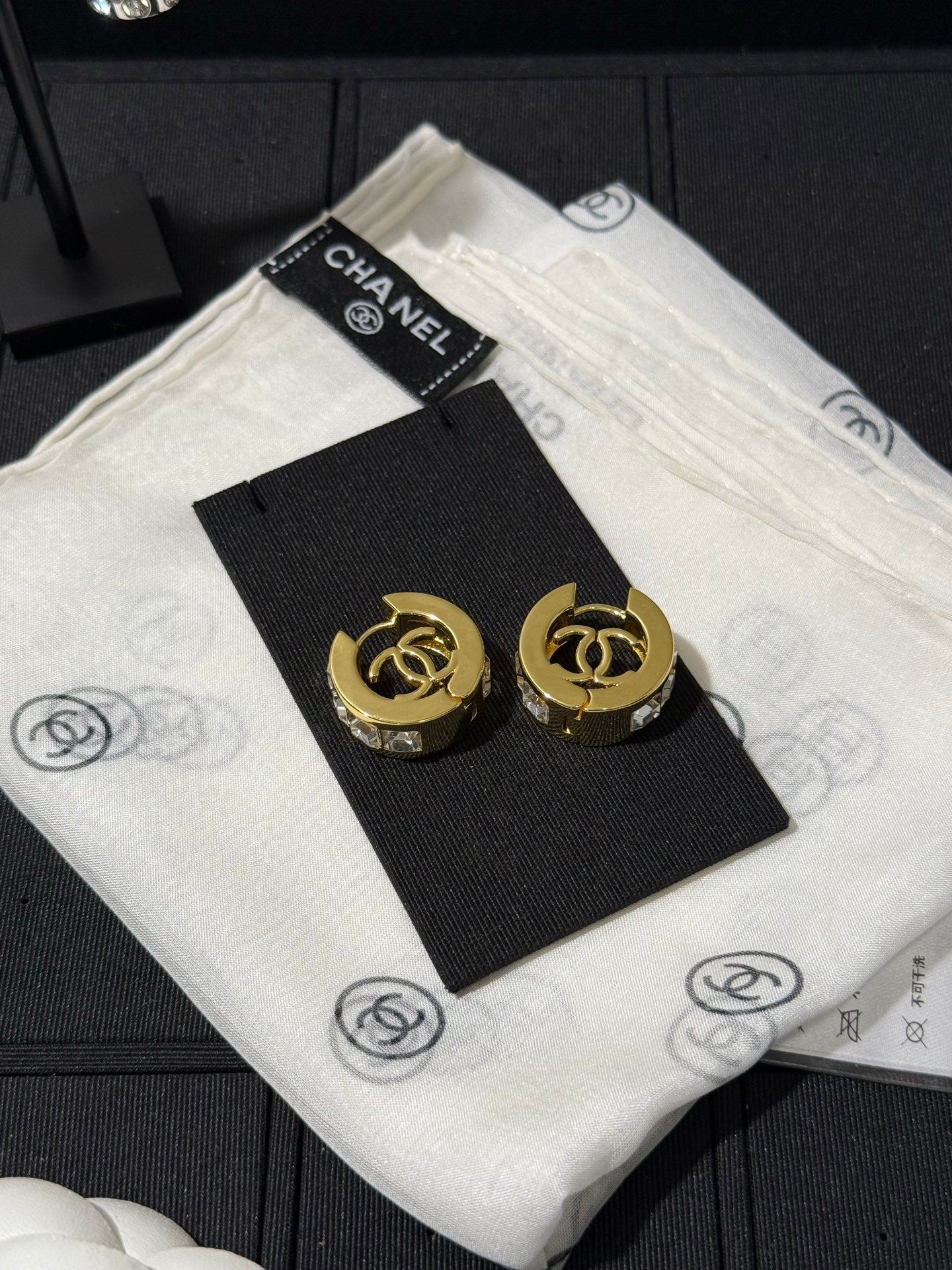 Chanel 2026 White Square Diamond Gold Double C Hoop Earrings Stud Earrings