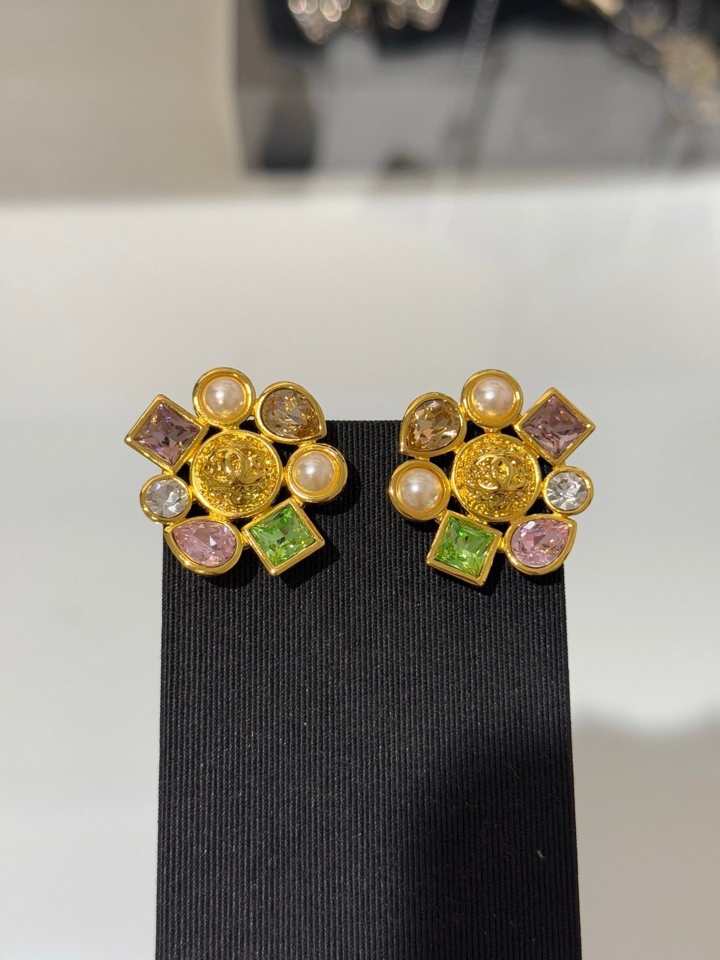Chanel 2026 Irregular Colored Gemstone Gold Double C Glass Pearl Stud Earrings