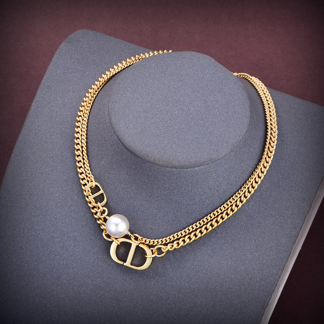 DIOR CD LOGO MOP GOLD DOUBLE CHAIN NECKLACE