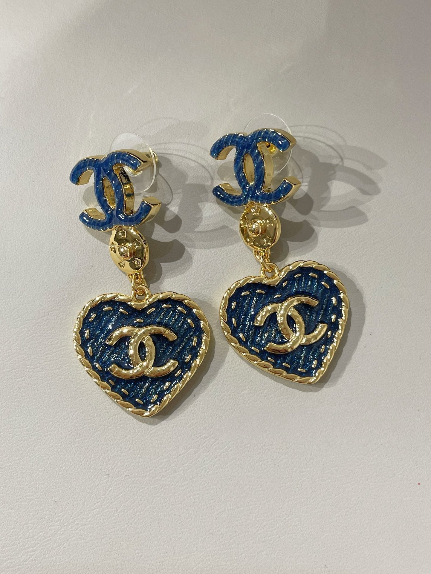 Chanel Heart Blue Denim Drop Earrings