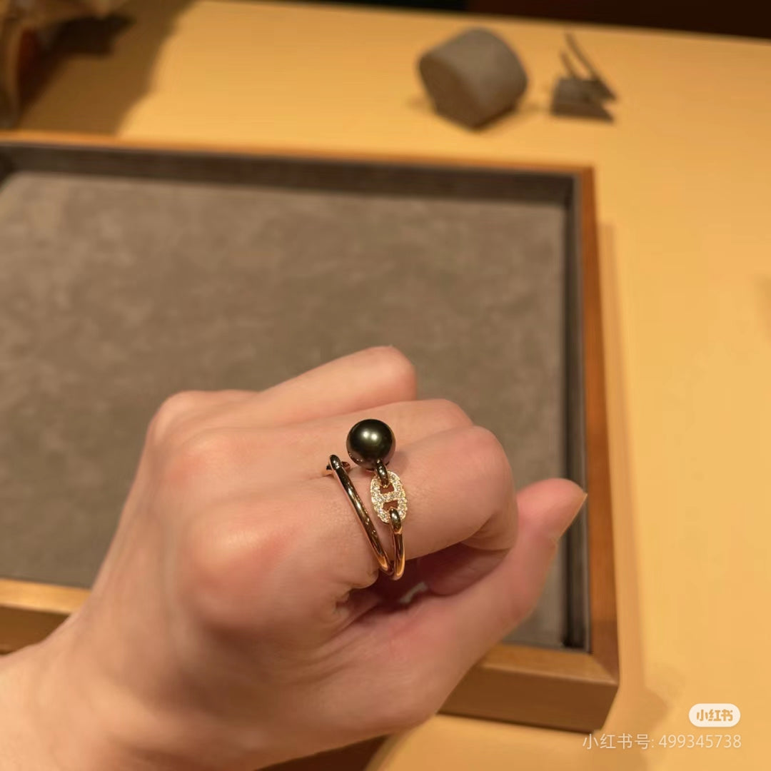 HERMES HM Pig Nose Black Pearl Rose Gold Ring