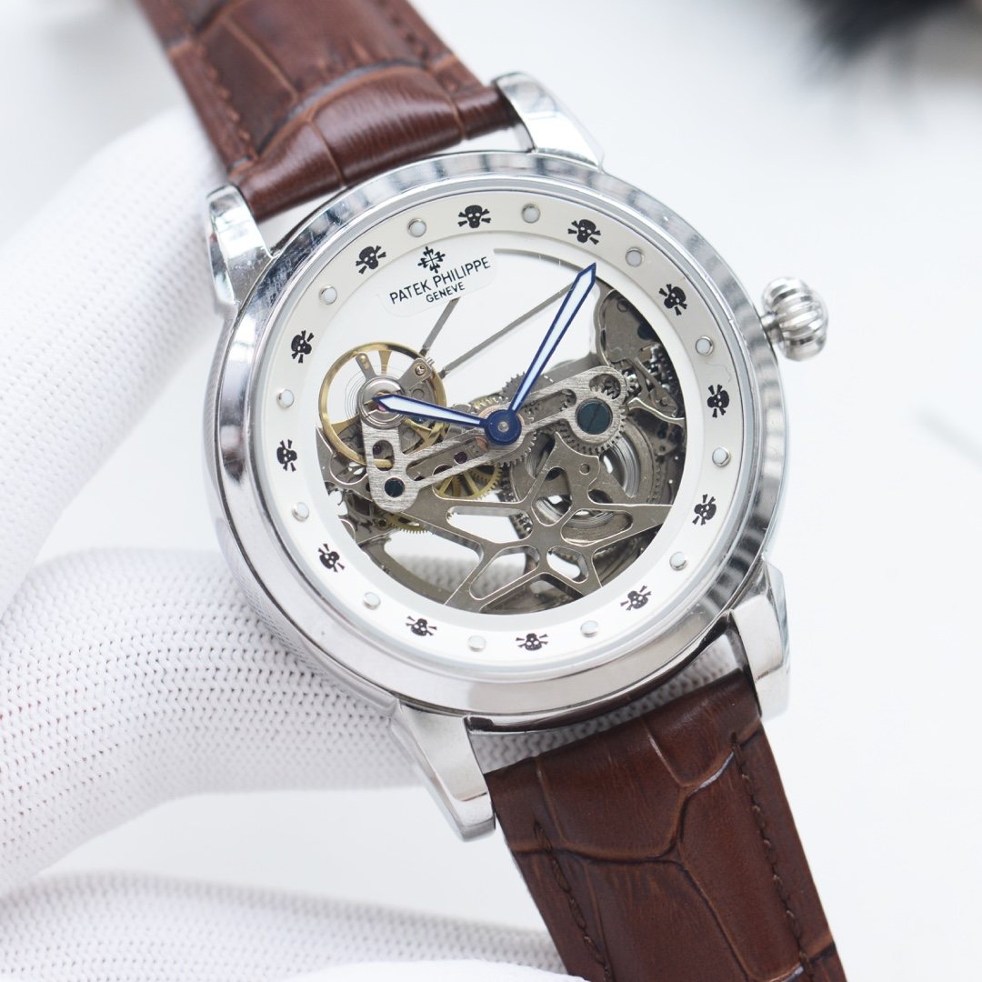 Patek Philippe Silver Brown Leather Strap Watch — hero