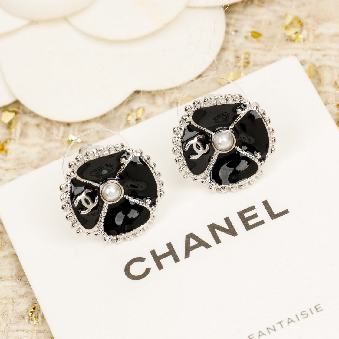 Chanel Double C Small Camellia Gold Earrings