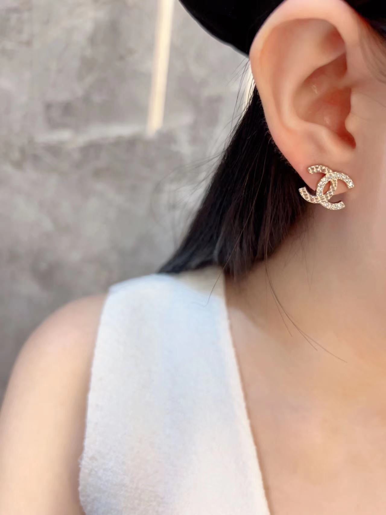 Chanel Double C Half Diamonds Gold Earrings