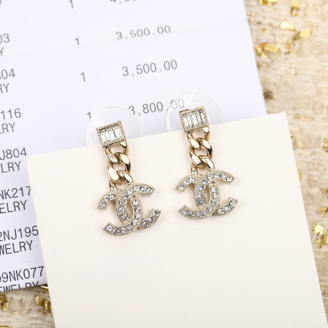Chanel Double C Gold Diamonds Drop Earrings