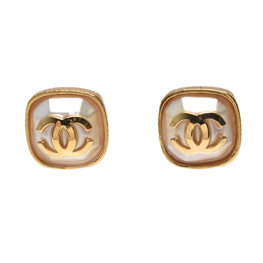 Chanel Double C Gold Mop Stud Earrings
