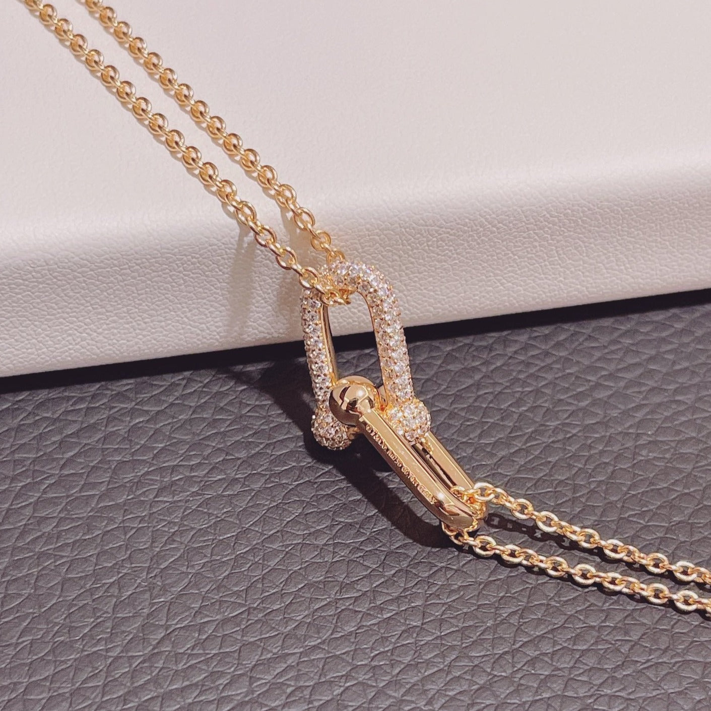TIFFANY HARDWEAR DOUBLE LINK PEDANT PINK GOLD DIAMOND NECKLACE