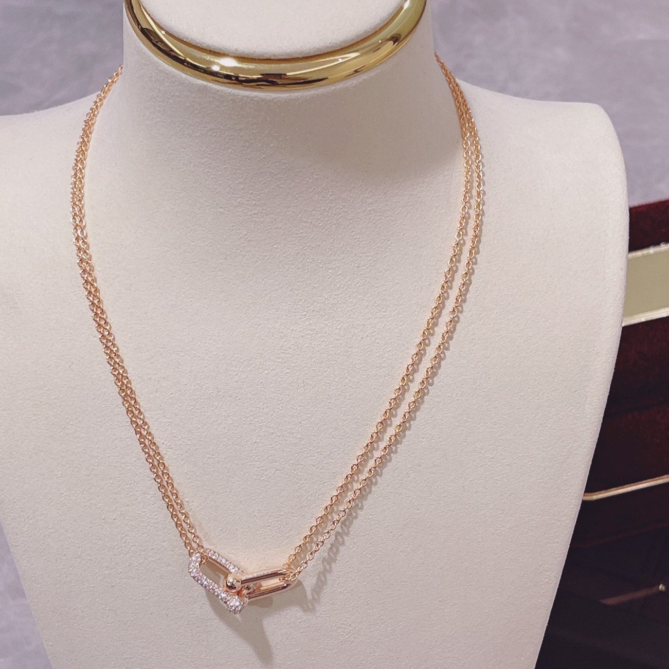 TIFFANY HARDWEAR DOUBLE LINK PEDANT PINK GOLD DIAMOND NECKLACE