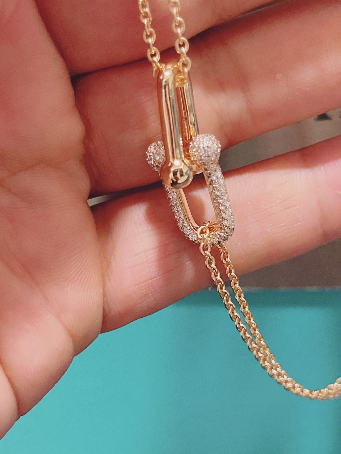 TIFFANY HARDWEAR DOUBLE LINK PEDANT PINK GOLD DIAMOND NECKLACE