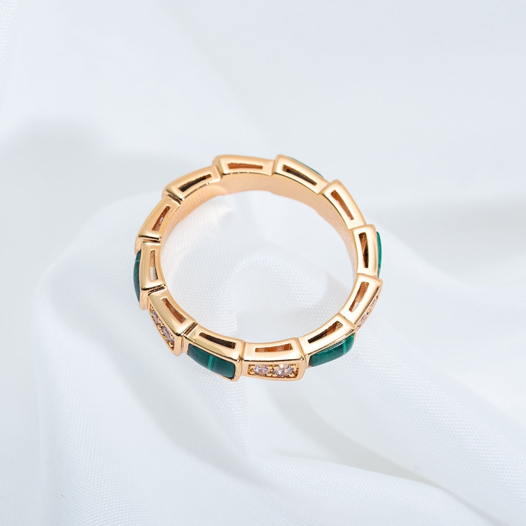 BVLGARI SERPENTI RING PINK GOLD MALACHITE DIAMOND 3MM