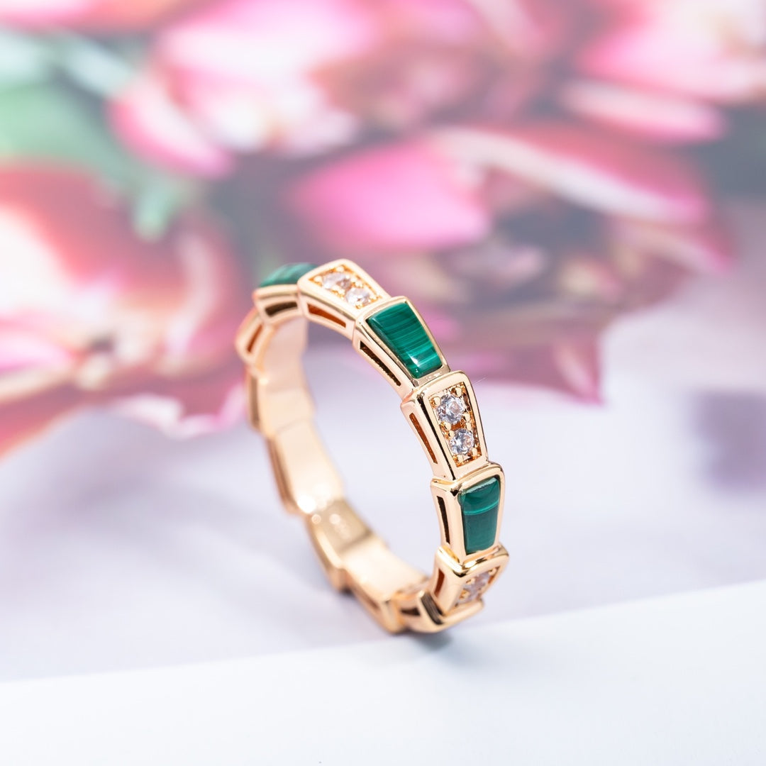 BVLGARI SERPENTI RING PINK GOLD MALACHITE DIAMOND 3MM