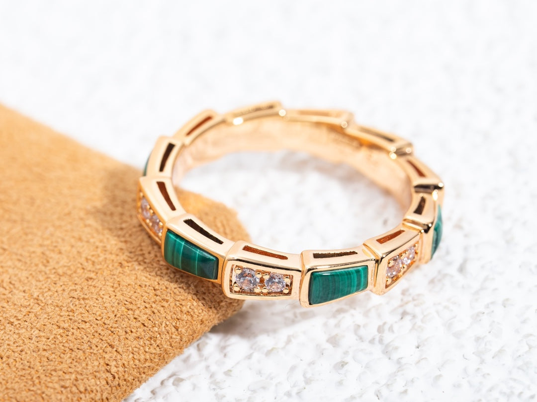 BVLGARI SERPENTI RING PINK GOLD MALACHITE DIAMOND 3MM