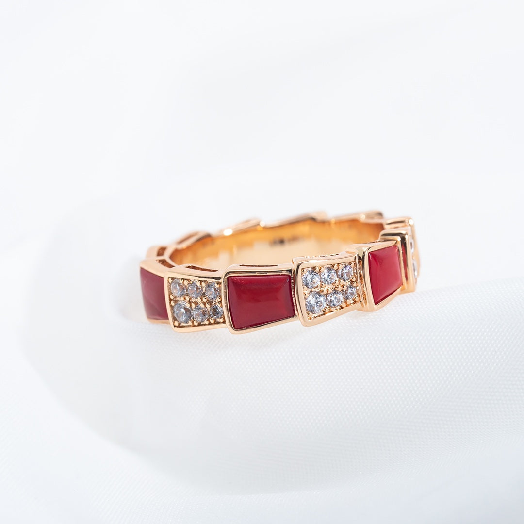 BVLGARI SERPENTI RING PINK GOLD CARNELIAN DIAMOND PAVED 4MM