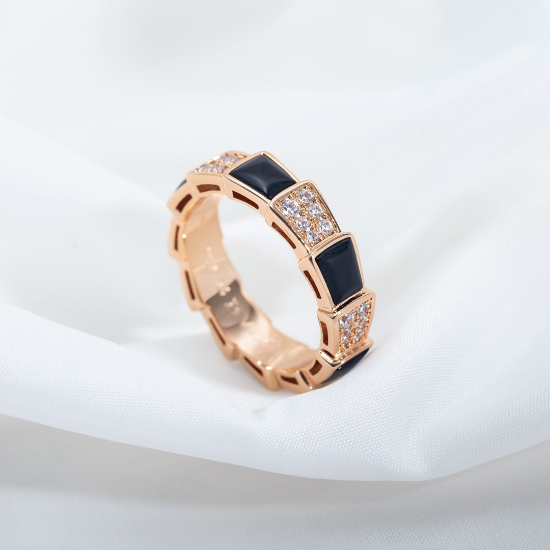 BVLGARI SERPENTI RING PINK GOLD BLACK MOP DIAMOND PAVED 4MM