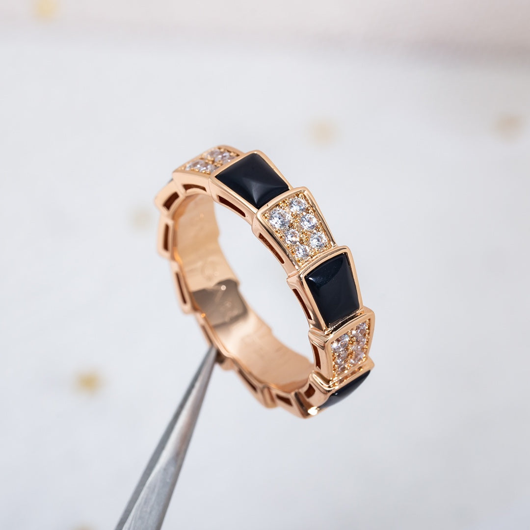 BVLGARI SERPENTI RING PINK GOLD BLACK MOP DIAMOND PAVED 4MM