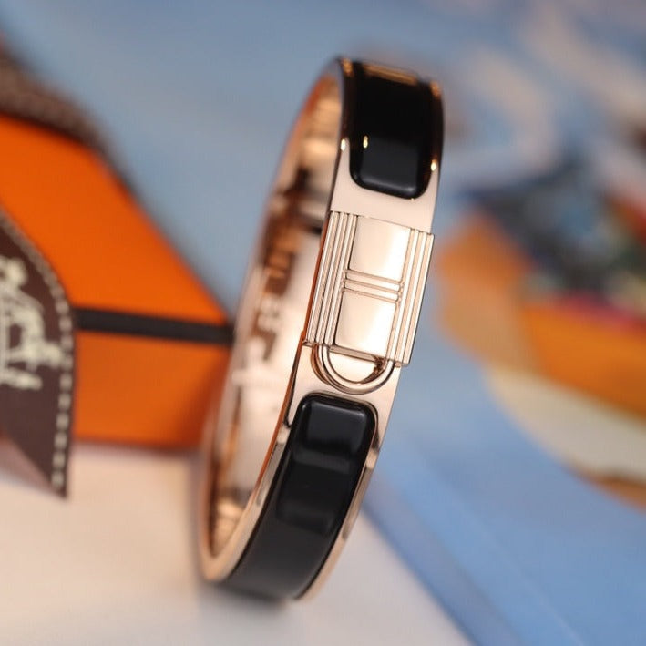HERMES H LOCK BLACK PINK GOLD BRACELET 12MM