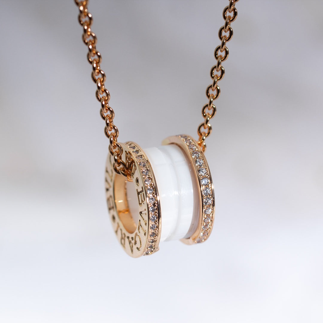 BVLGARI ZERO 1 WHITE CERAMIC PINK GOLD DIAMOND NECKLACE