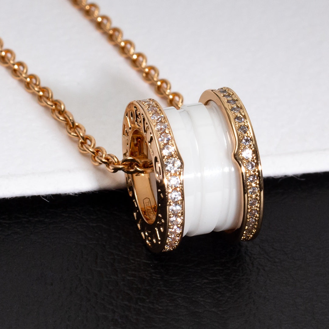BVLGARI ZERO 1 WHITE CERAMIC PINK GOLD DIAMOND NECKLACE