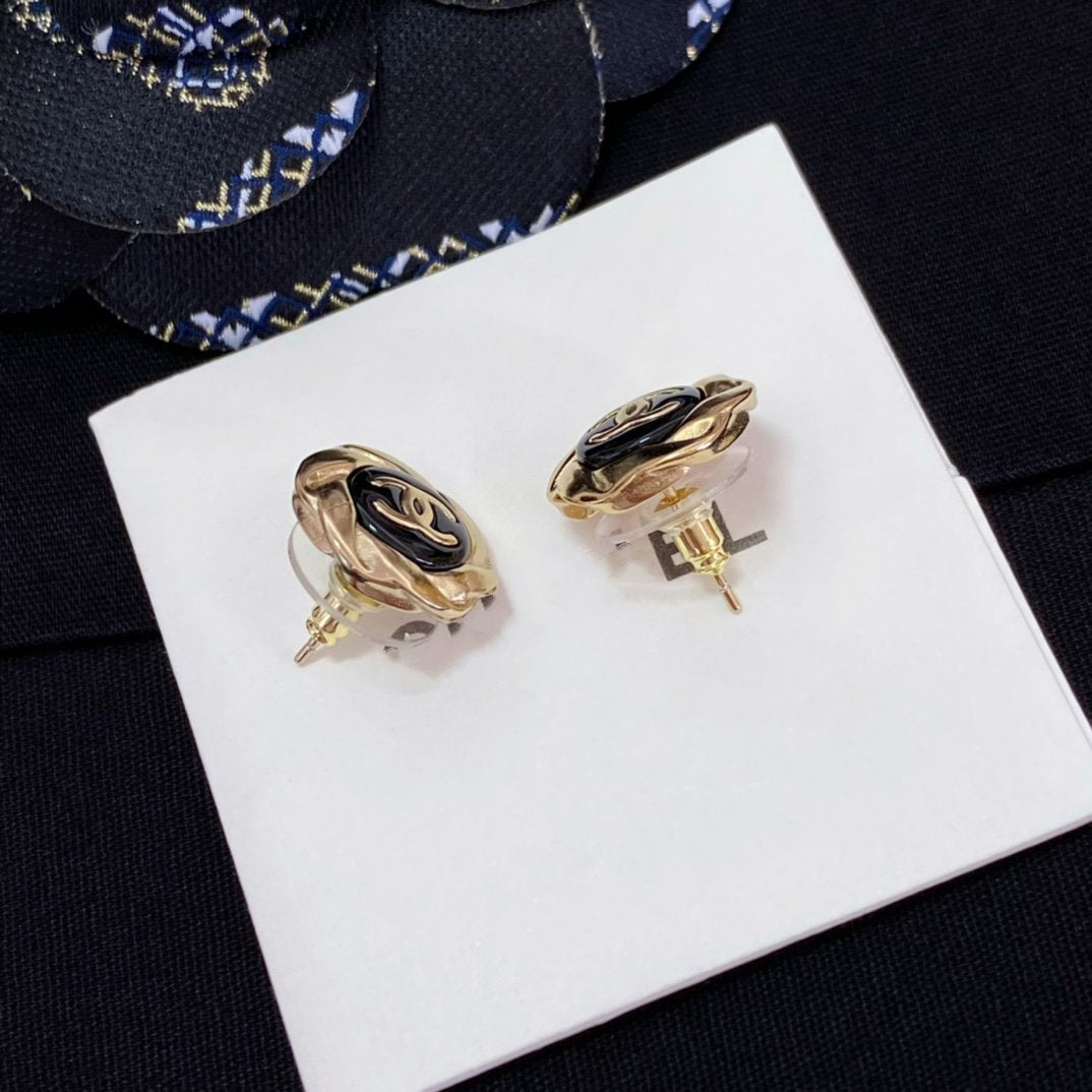 Chanel Double C Mini Stud Gold Black Earrings