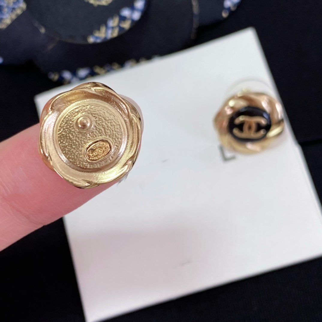Chanel Double C Mini Stud Gold Black Earrings