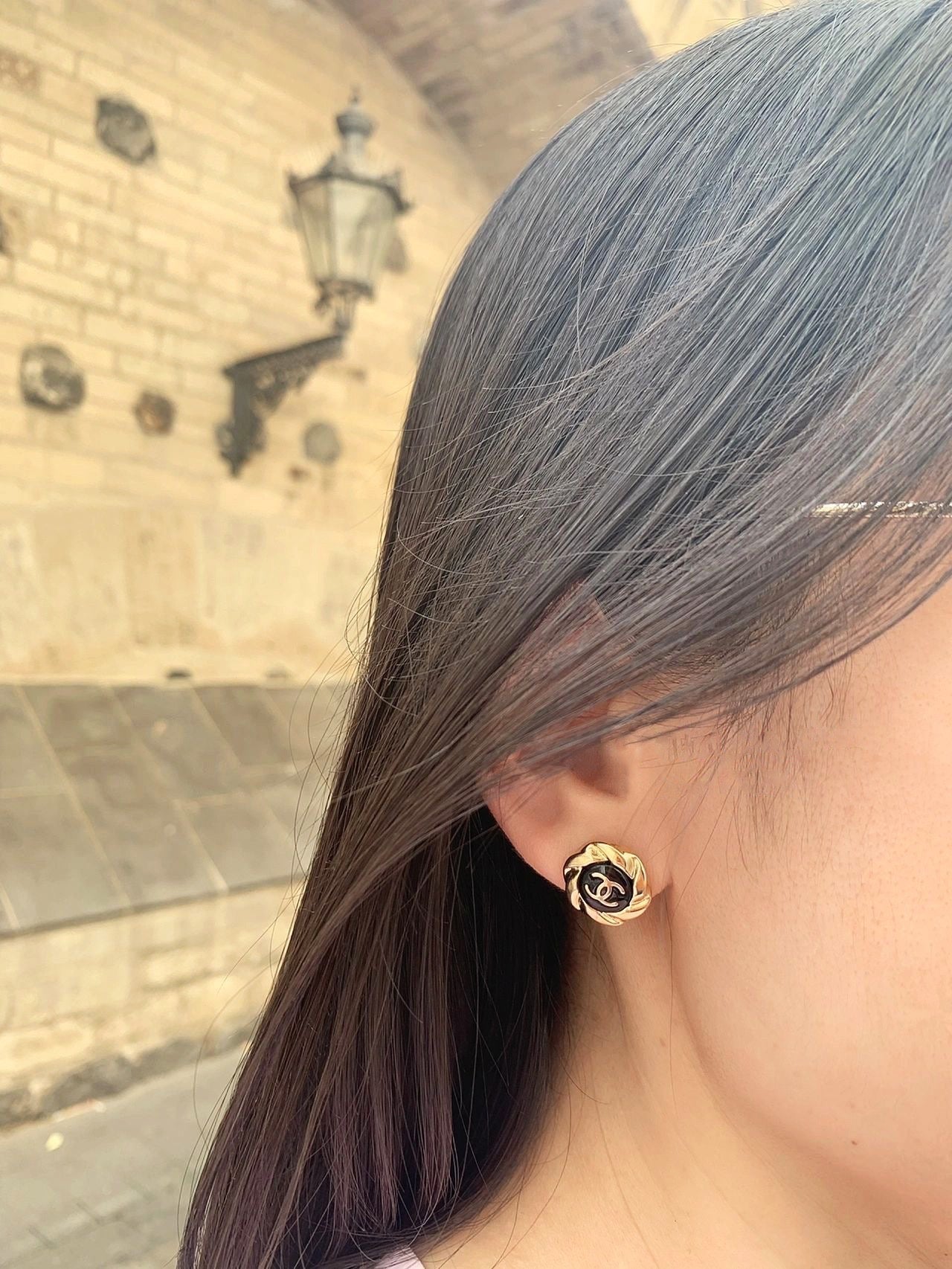 Chanel Double C Medium Stud Gold Black Earrings