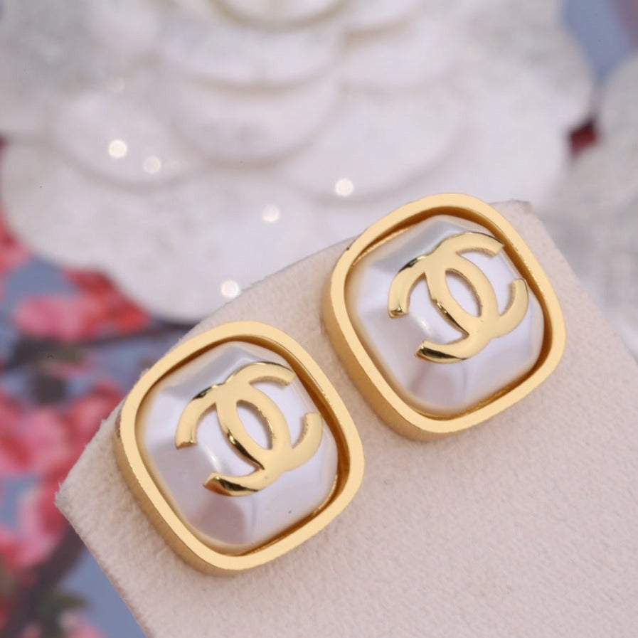 Chanel Double C Gold Mop Stud Earrings