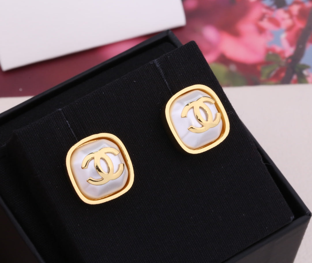 Chanel Double C Gold Mop Stud Earrings