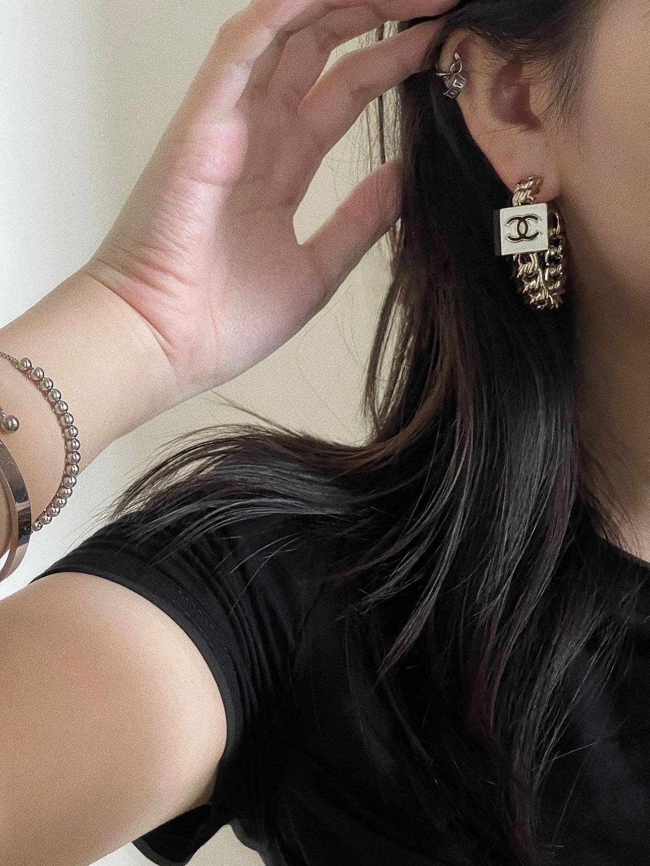 Chanel Double C Black White Hoop Earrings