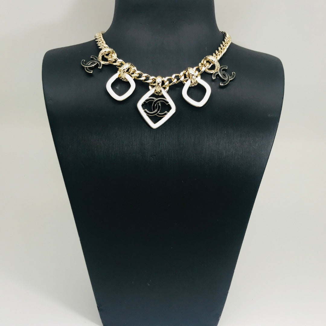 Chanel Multi Charm Pink Gold Black Enamel Necklace