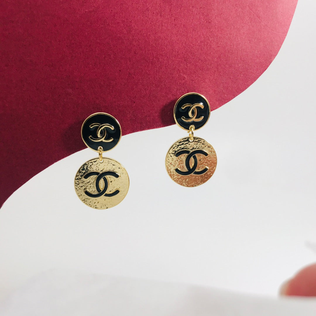 Chanel Double C Black Enamel Gold Drop Earrings
