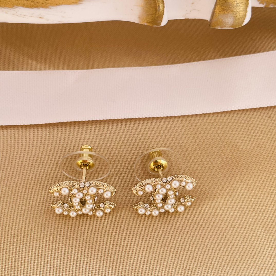 Chanel Double C Mop Gold Stud Earrings