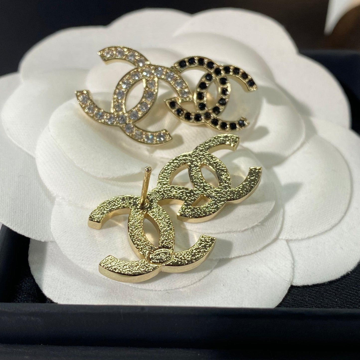 Chanel Double Stud Double C Diamond Gold Earrings