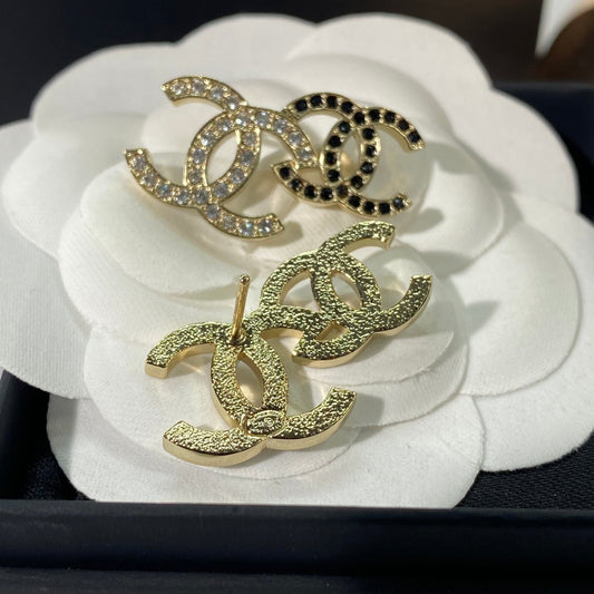 Chanel Double Stud Double C Diamond Gold Earrings