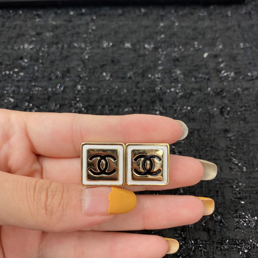 Chanel Square Gold Black Stud Earrings